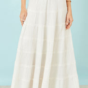 Yumi White Double Cotton Tiered Boho Maxi Skirt