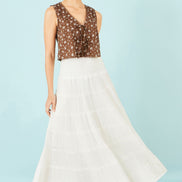 Yumi White Double Cotton Tiered Boho Maxi Skirt