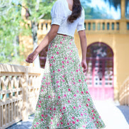 Yumi White Boho Print Cotton Floral Maxi Skirt