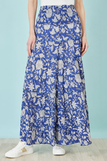 Yumi Blue Floral Cotton Tiered Maxi Skirt
