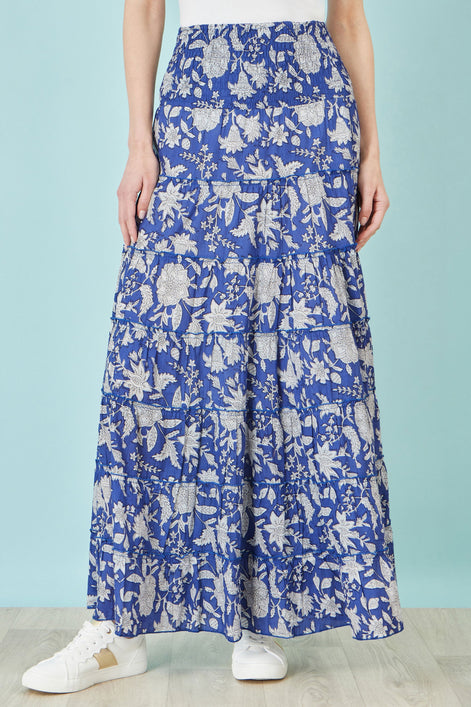 Yumi Blue Floral Cotton Tiered Maxi Skirt
