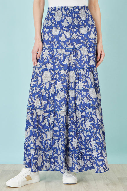 Yumi Blue Floral Cotton Tiered Maxi Skirt