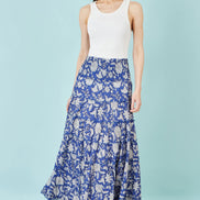 Yumi Blue Floral Cotton Tiered Maxi Skirt