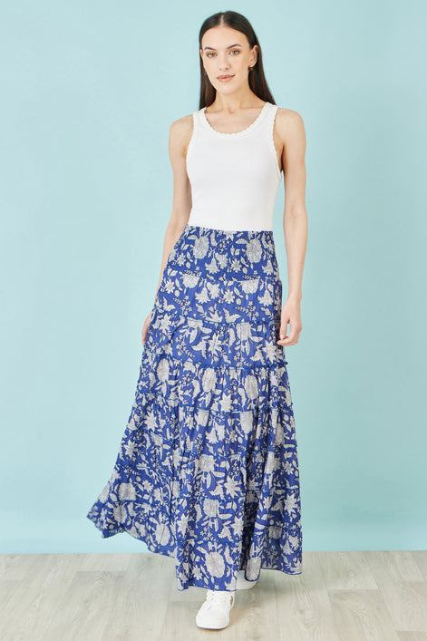 Yumi Blue Floral Cotton Tiered Maxi Skirt