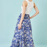 Yumi Blue Floral Cotton Tiered Maxi Skirt