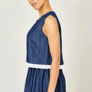 Yumi Blue Cotton Chambray Top with Lace Trims