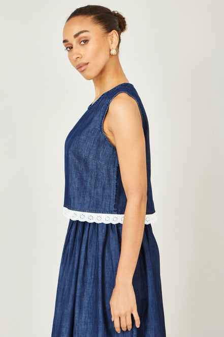 Yumi Blue Cotton Chambray Top with Lace Trims