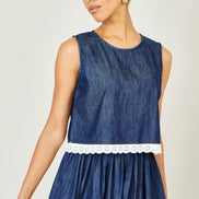 Yumi Blue Cotton Chambray Top with Lace Trims