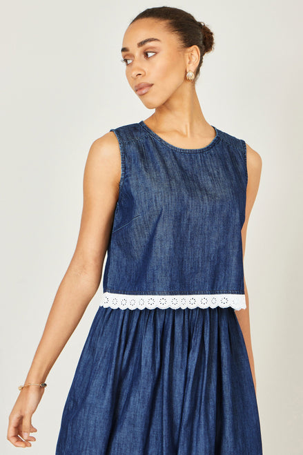 Yumi Blue Cotton Chambray Top with Lace Trims