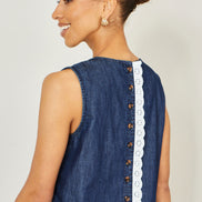 Yumi Blue Cotton Chambray Top with Lace Trims