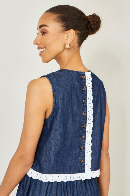 Yumi Blue Cotton Chambray Top with Lace Trims