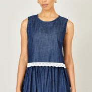 Yumi Blue Cotton Chambray Top with Lace Trims