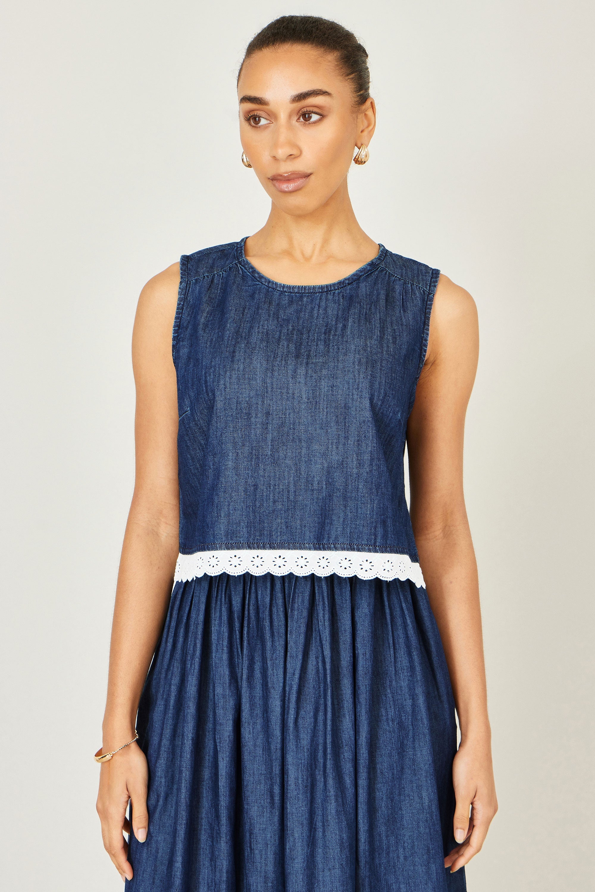Yumi Blue Cotton Chambray Top with Lace Trims
