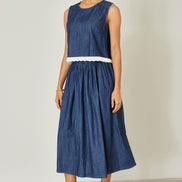 Yumi Blue Cotton Chambray Top with Lace Trims