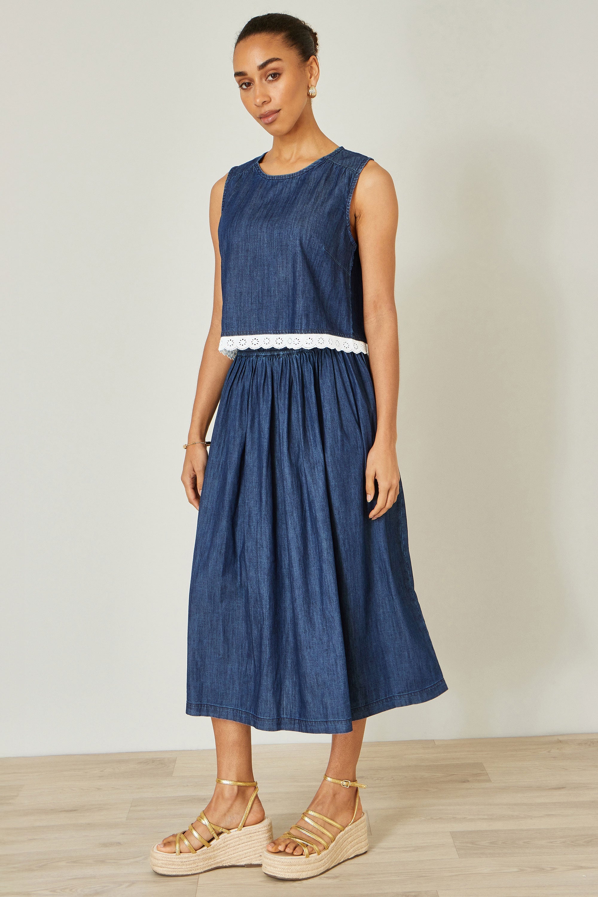 Yumi Blue Cotton Chambray Top with Lace Trims