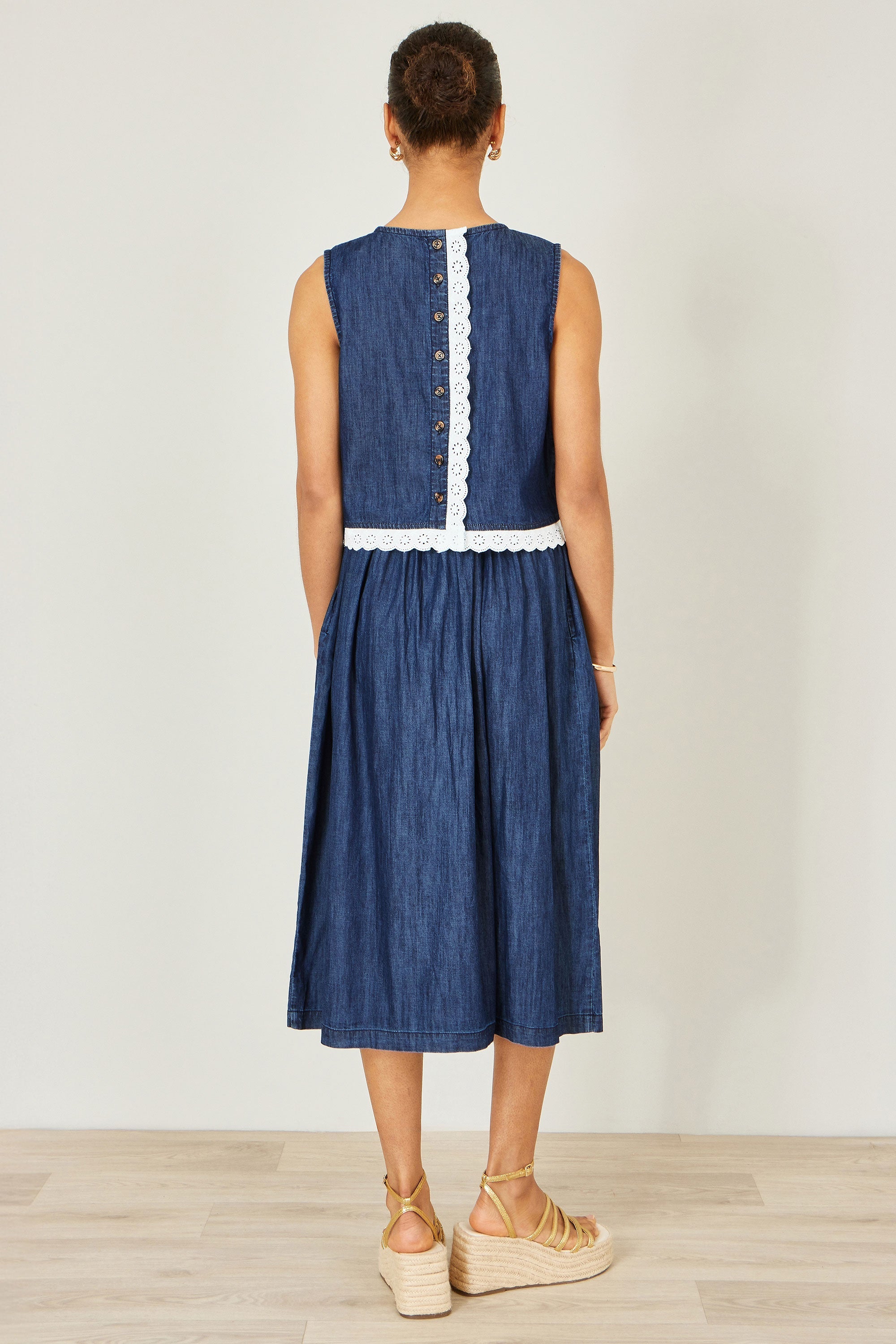 Yumi Blue Cotton Chambray Top with Lace Trims