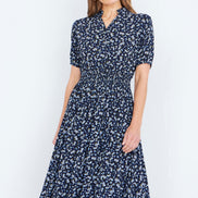 Yumi Navy Ditsy Floral Midi Shirt Dress with Ruched Waist