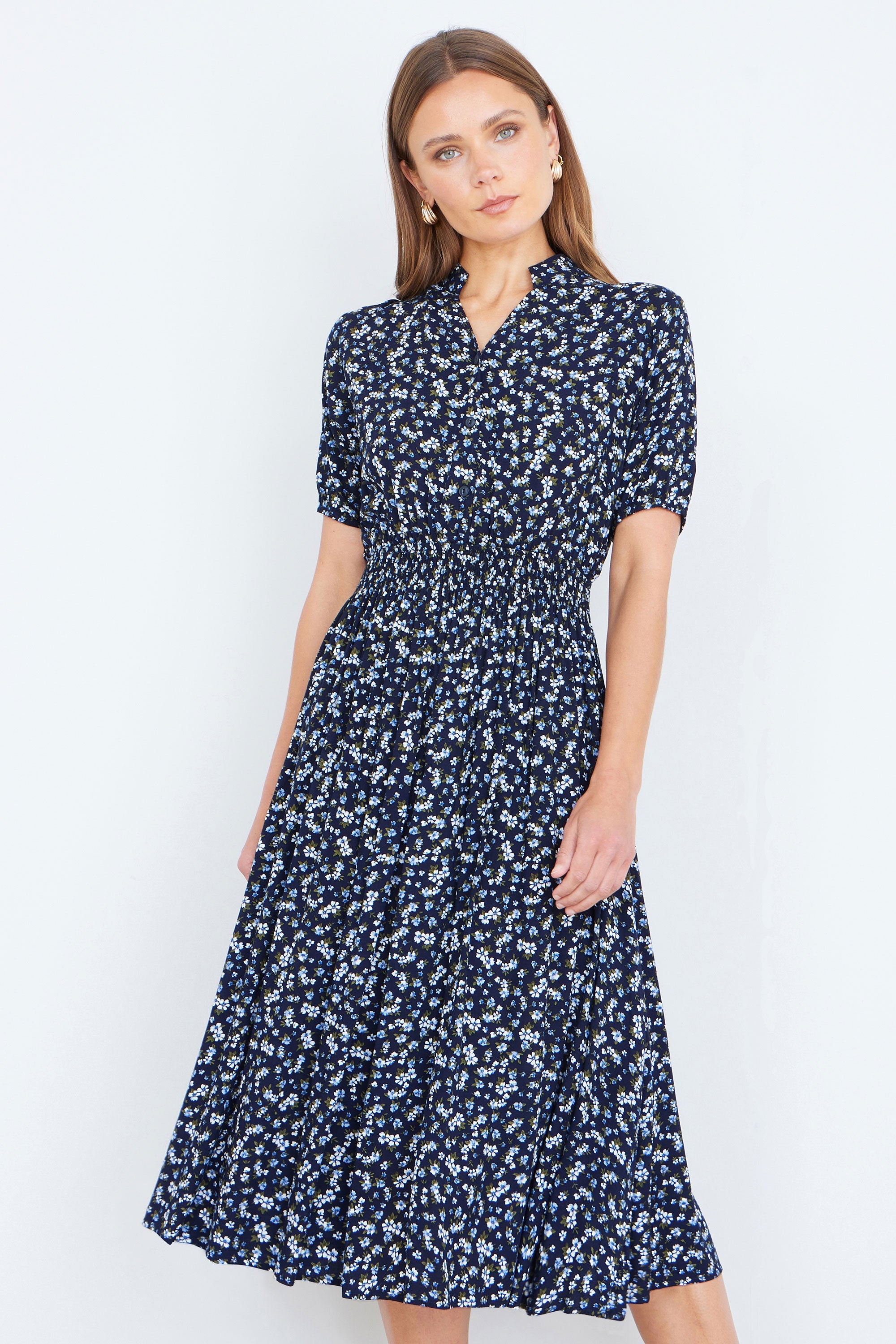 Yumi Navy Ditsy Floral Midi Shirt Dress with Ruched Waist