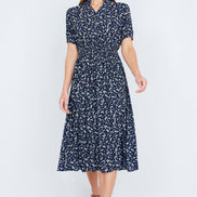 Yumi Navy Ditsy Floral Midi Shirt Dress with Ruched Waist
