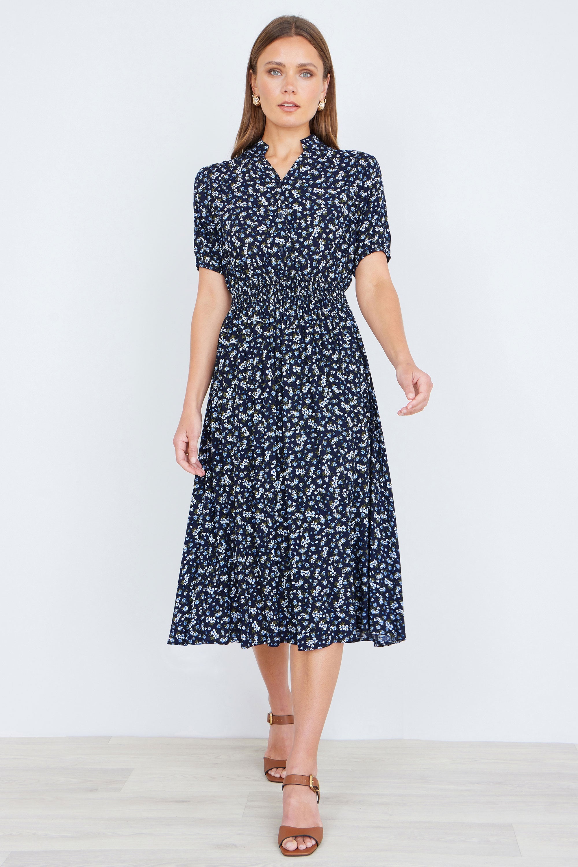 Yumi Navy Ditsy Floral Midi Shirt Dress with Ruched Waist