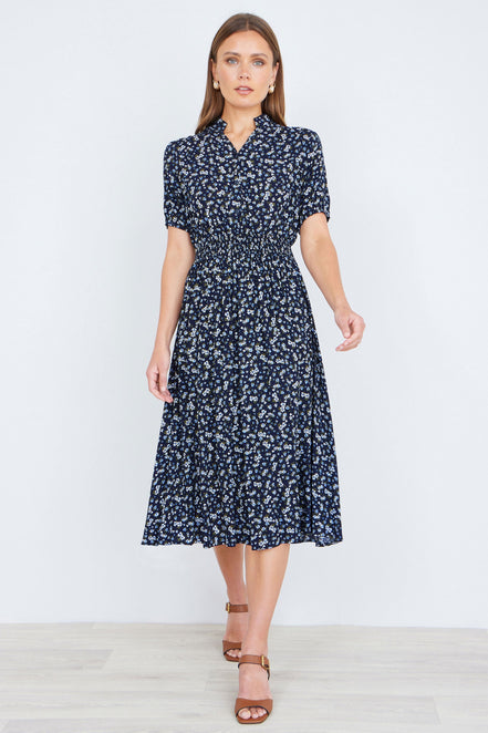 Yumi Navy Ditsy Floral Midi Shirt Dress with Ruched Waist