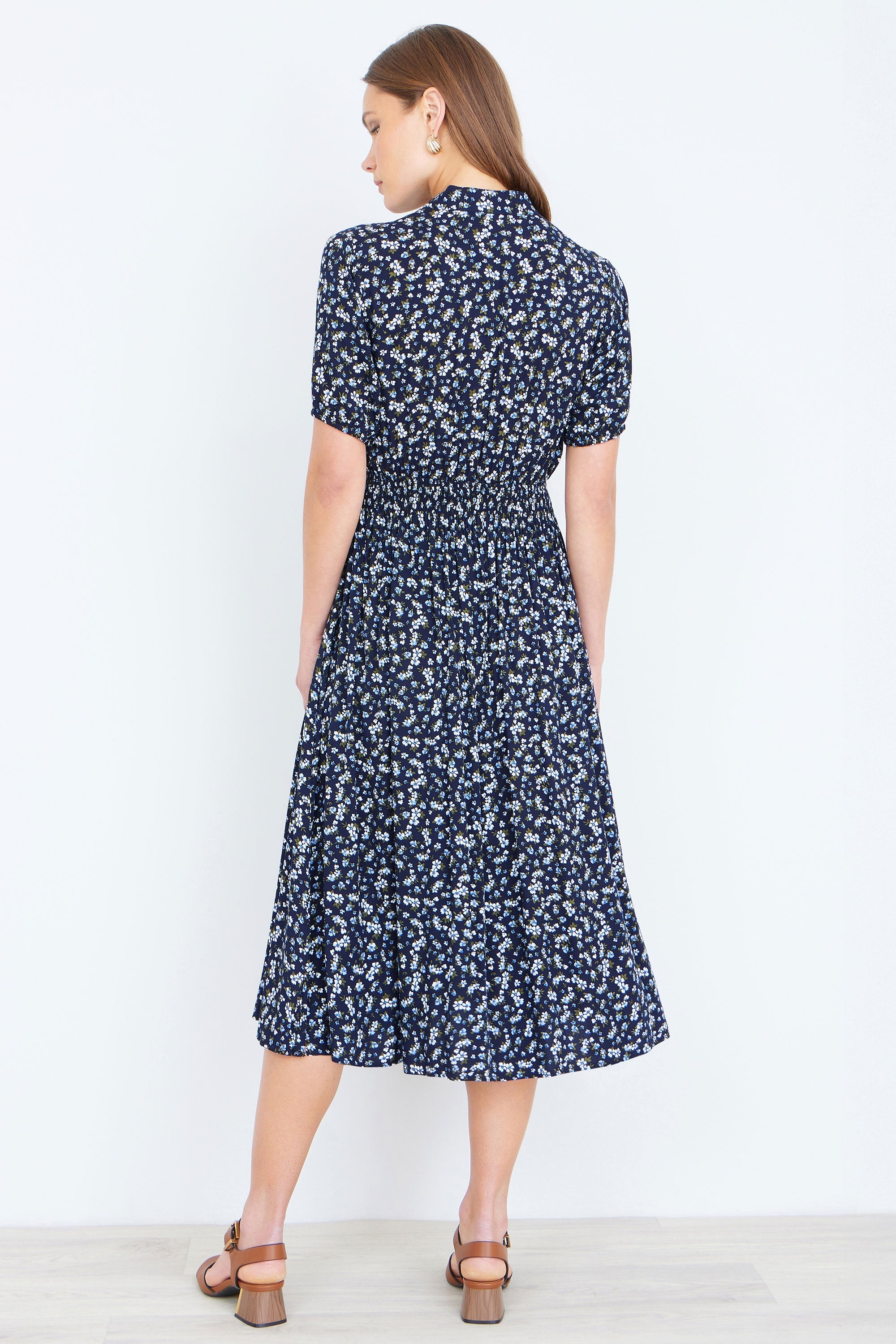 Yumi Navy Ditsy Floral Midi Shirt Dress with Ruched Waist