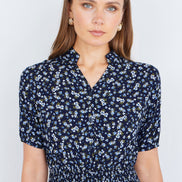 Yumi Navy Ditsy Floral Midi Shirt Dress with Ruched Waist
