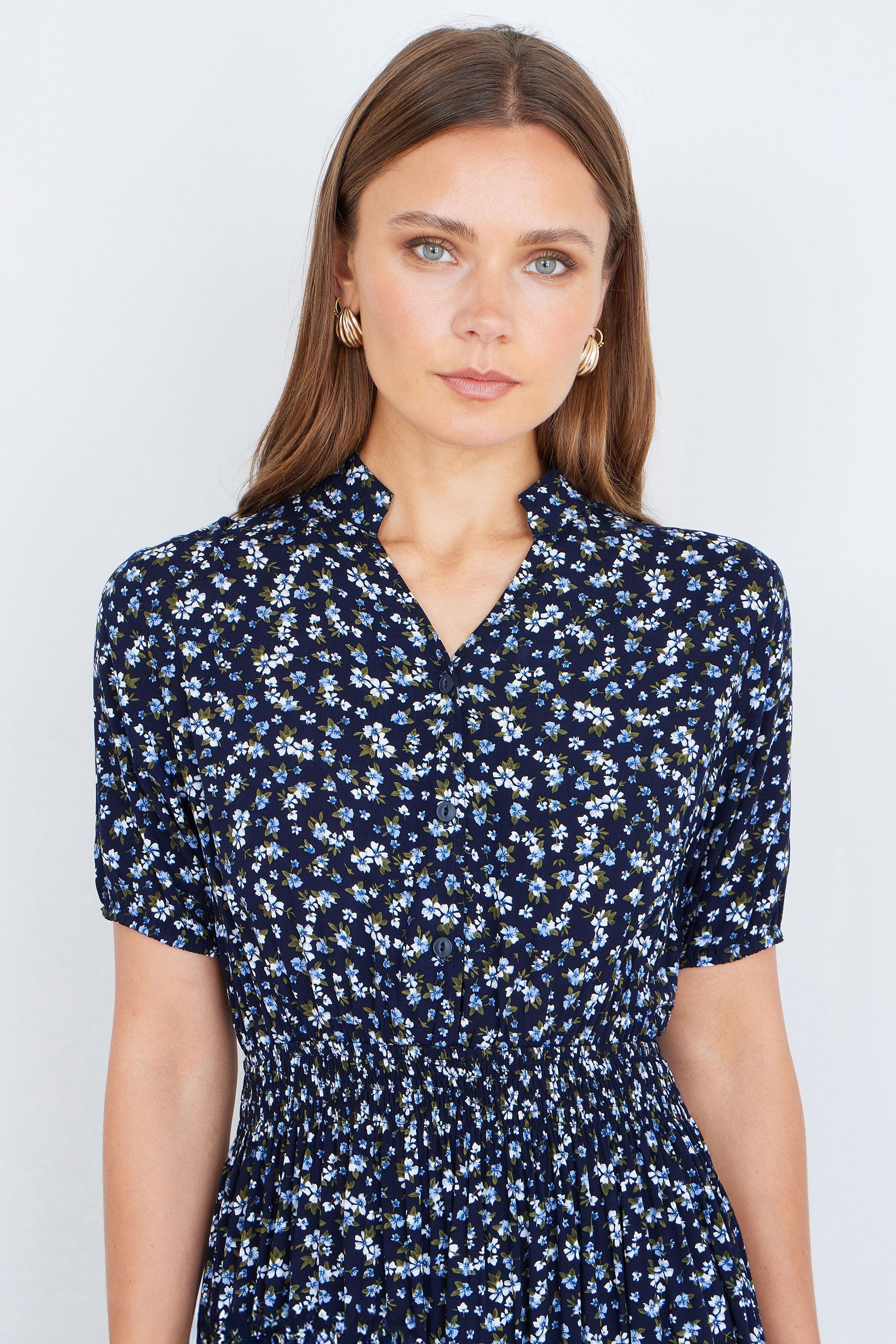 Yumi Navy Ditsy Floral Midi Shirt Dress with Ruched Waist