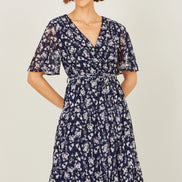 Yumi Navy Floral Mesh Wrap Dress