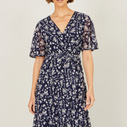 Yumi Navy Floral Mesh Wrap Dress