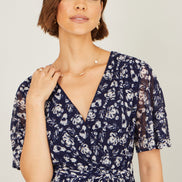 Yumi Navy Floral Mesh Wrap Dress