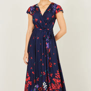 Yumi Navy Floral Mirror Wrap Dress with Dip Hem