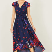 Yumi Navy Floral Mirror Wrap Dress with Dip Hem