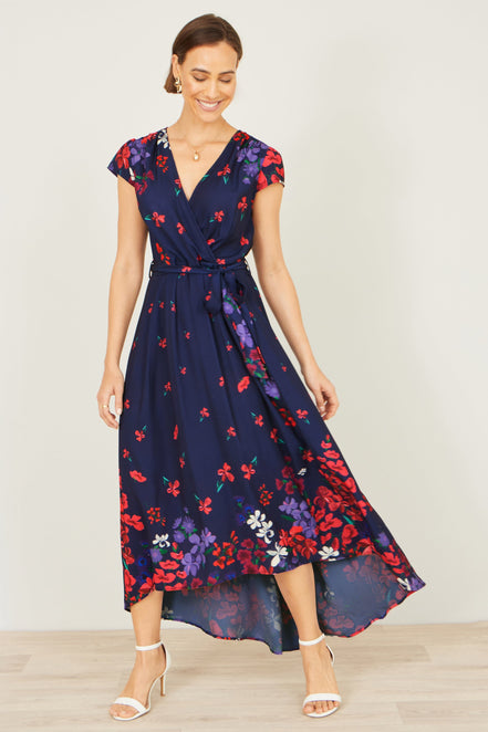 Yumi Navy Floral Mirror Wrap Dress with Dip Hem