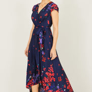 Yumi Navy Floral Mirror Wrap Dress with Dip Hem