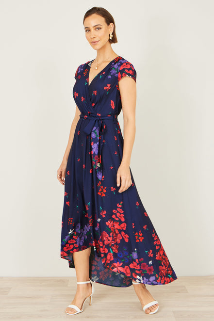 Yumi Navy Floral Mirror Wrap Dress with Dip Hem