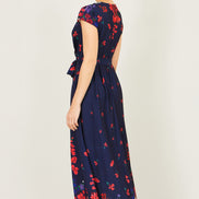 Yumi Navy Floral Mirror Wrap Dress with Dip Hem