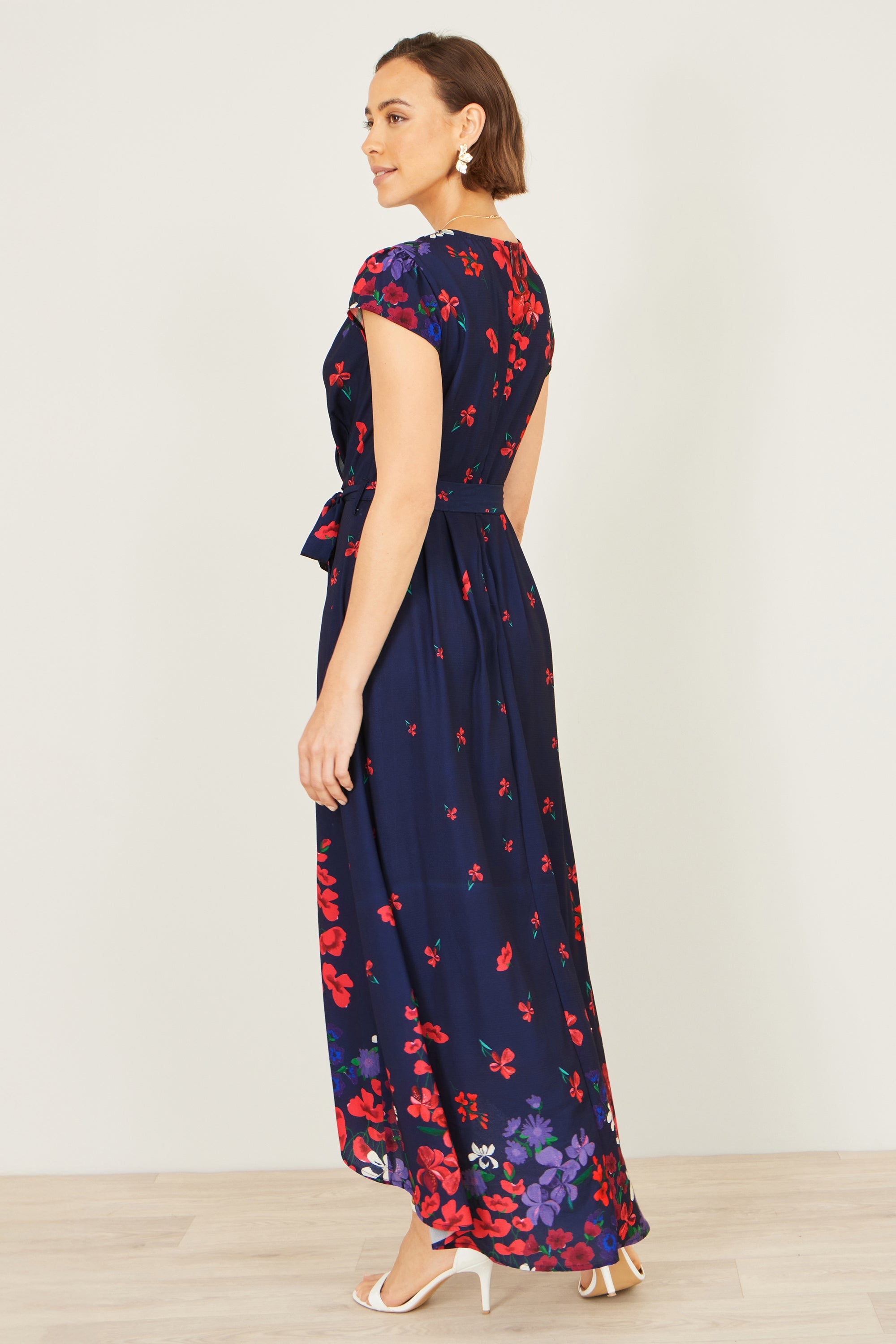 Yumi Navy Floral Mirror Wrap Dress with Dip Hem