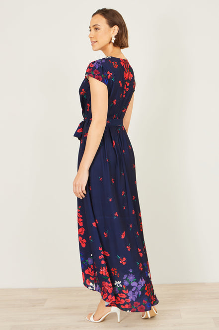 Yumi Navy Floral Mirror Wrap Dress with Dip Hem