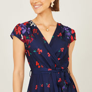 Yumi Navy Floral Mirror Wrap Dress with Dip Hem