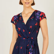 Yumi Navy Floral Mirror Wrap Dress with Dip Hem