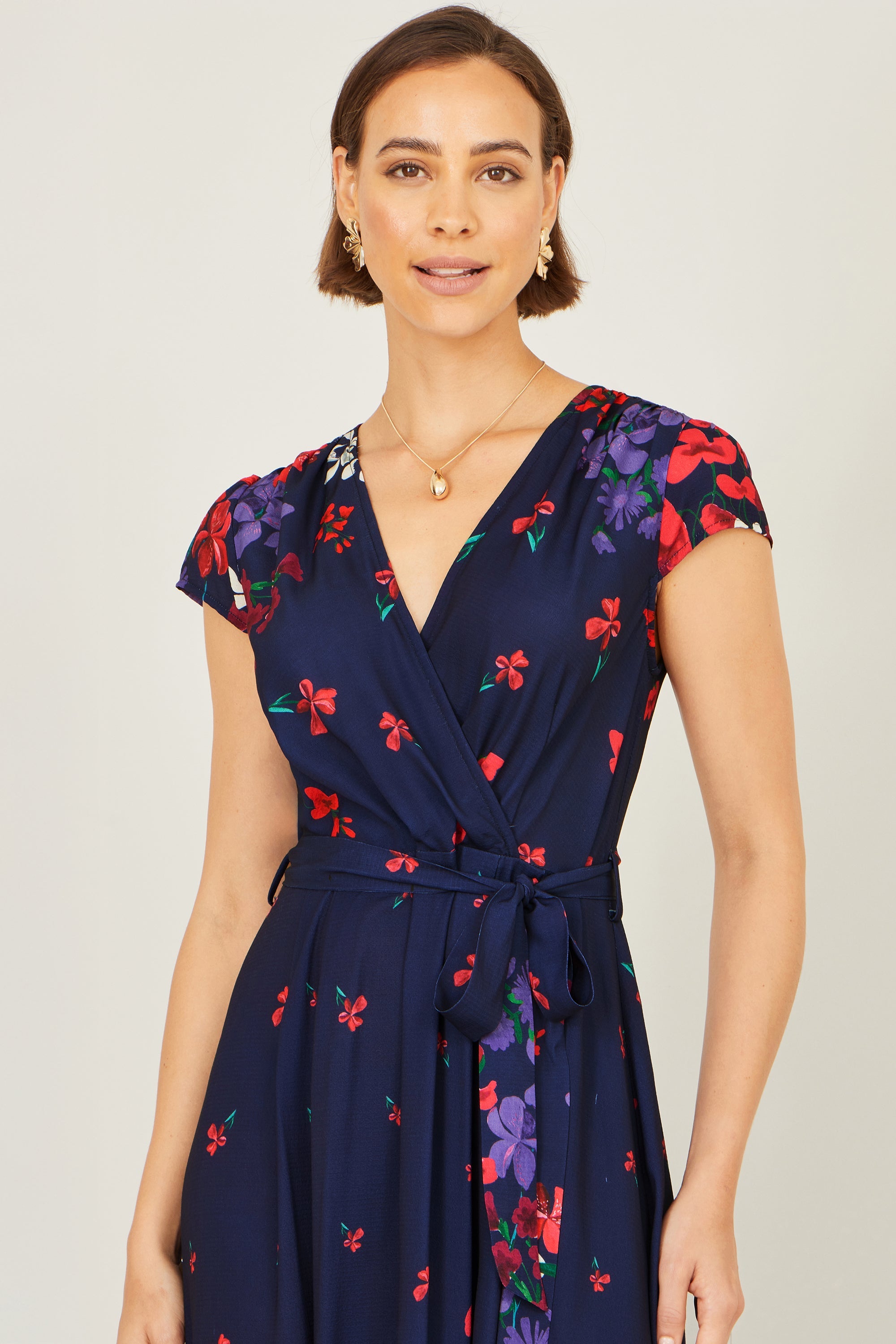 Yumi Navy Floral Mirror Wrap Dress with Dip Hem