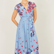 Yumi Blue Floral Mirror Wrap High Low Midi Wrap Dress