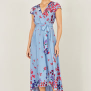 Yumi Blue Floral Mirror Wrap High Low Midi Wrap Dress