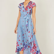 Yumi Blue Floral Mirror Wrap High Low Midi Wrap Dress