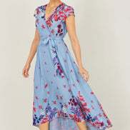 Yumi Blue Floral Mirror Wrap High Low Midi Wrap Dress