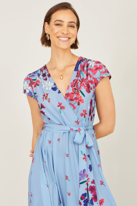 Yumi Blue Floral Mirror Wrap High Low Midi Wrap Dress