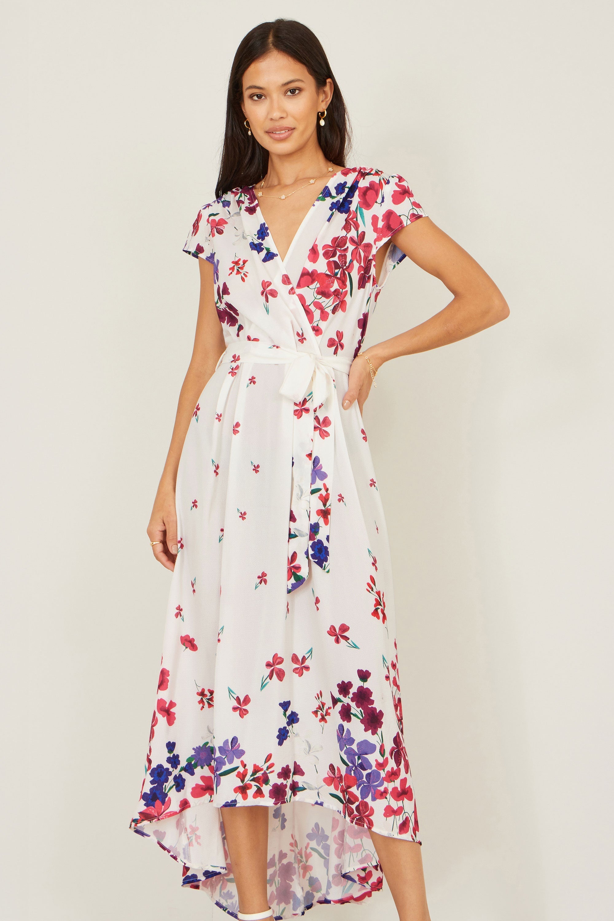 Yumi Ivory Floral Mirror Wrap Dress with Dip Hem