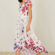 Yumi Ivory Floral Mirror Wrap Dress with Dip Hem