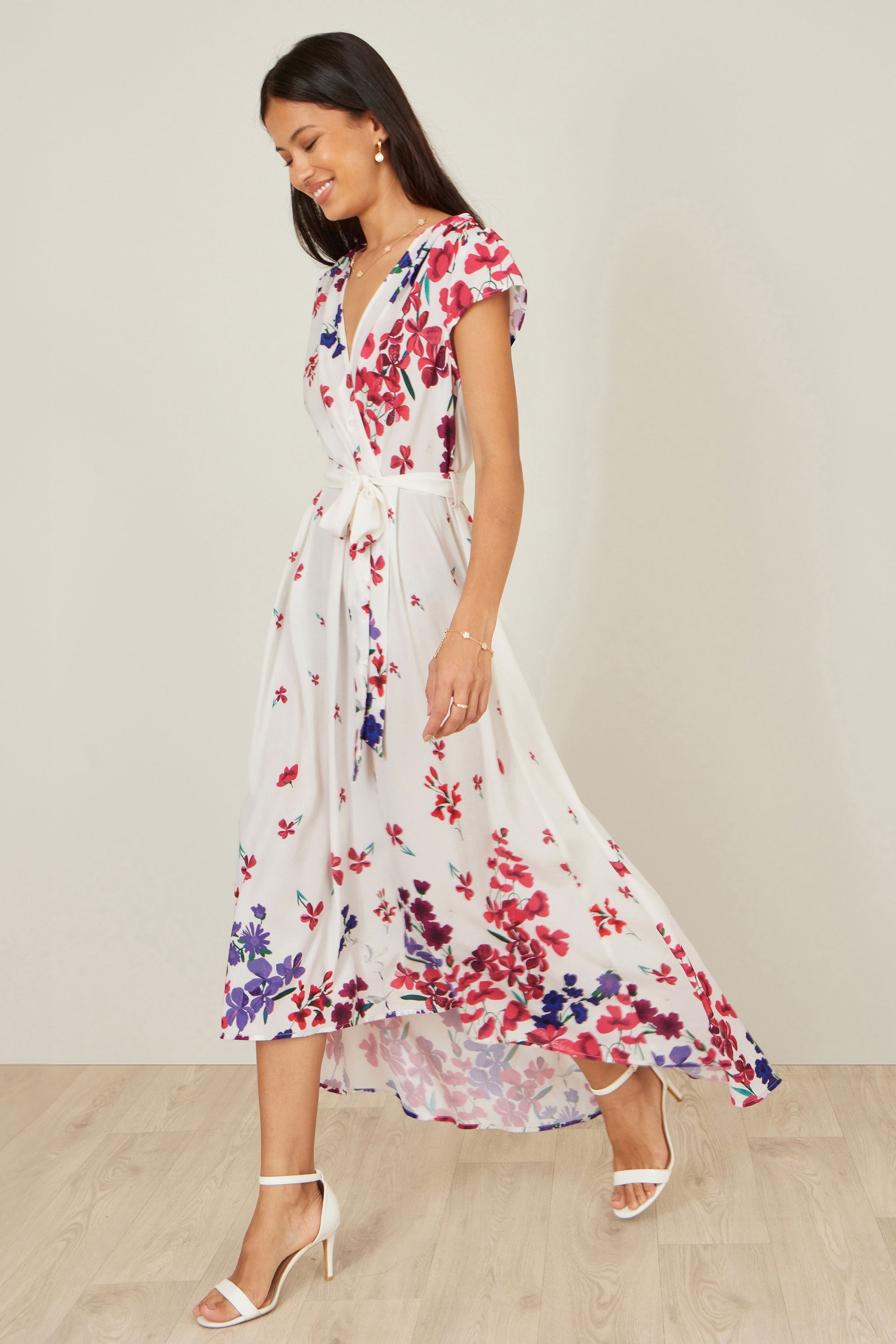 Yumi Ivory Floral Mirror Wrap Dress with Dip Hem